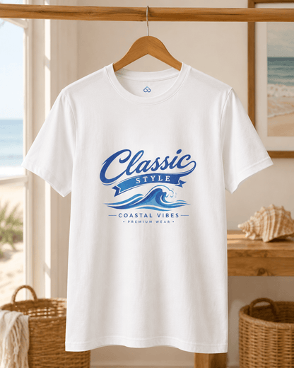 White short-sleeve T-shirt on a hanger with blue “Classic Style” coastal graphic.