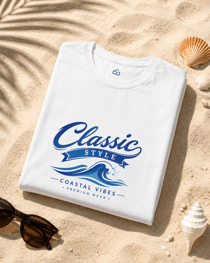 White T-shirt folded flat with blue “Classic Style” coastal logo graphic on the front.