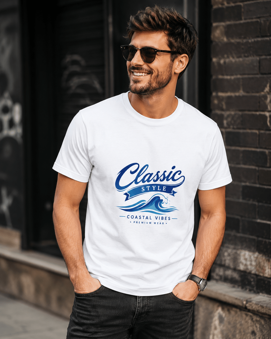 Man wearing a white short-sleeve T-shirt with blue “Classic Style” coastal chest graphic.
