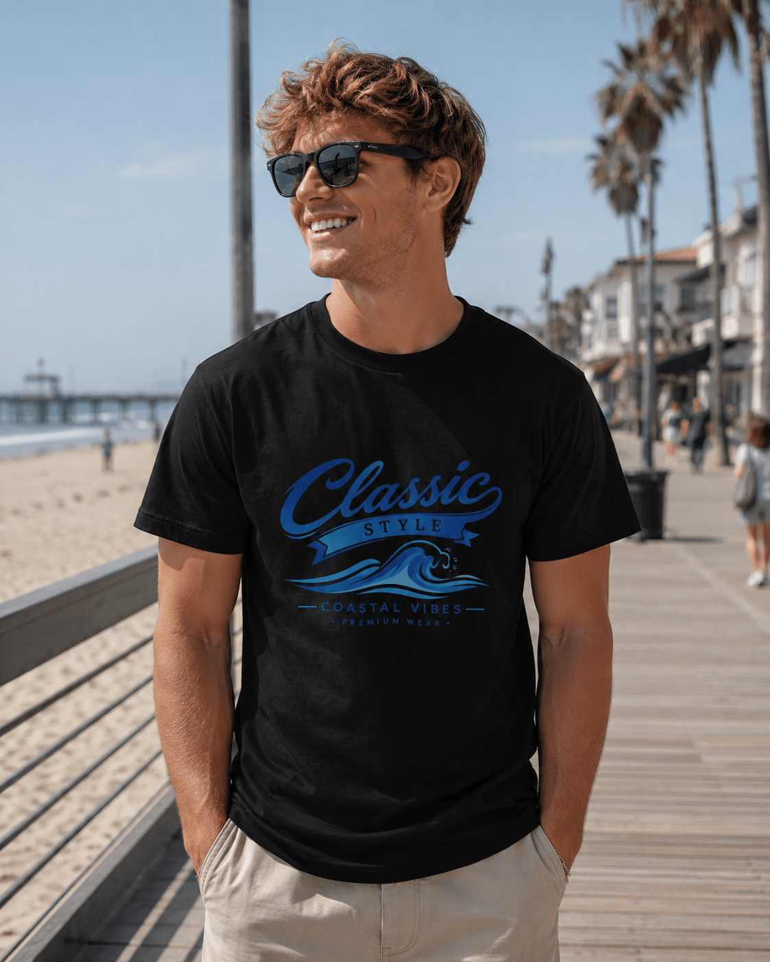 Black crew-neck graphic T-shirt with blue “Classic Style” coastal print, model wearing