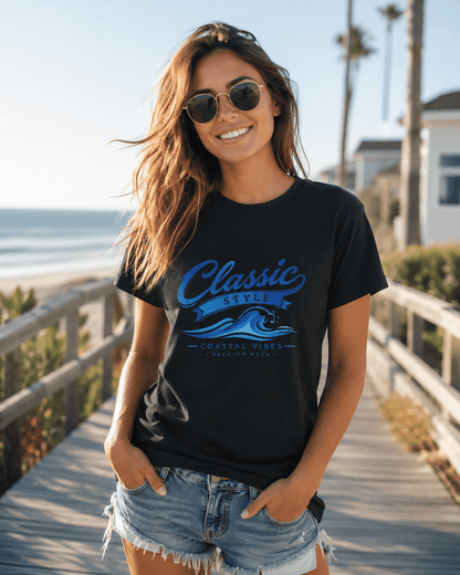 Black T-shirt with blue “Classic Style” coastal chest graphic, worn with denim shorts.