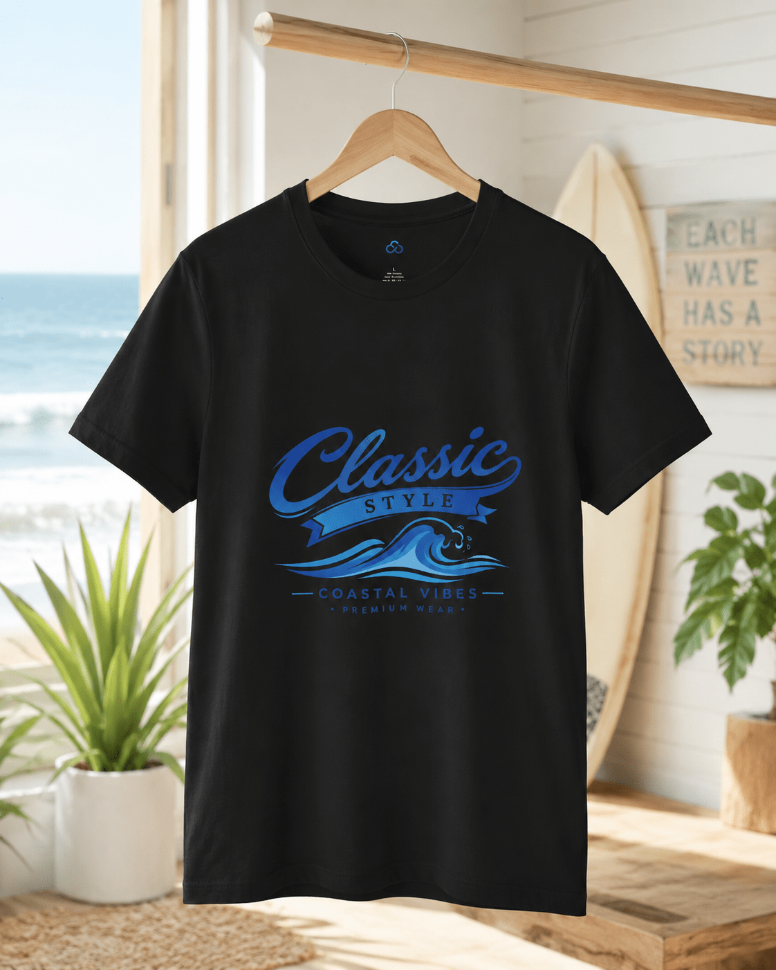 Black short-sleeve T-shirt with blue “Classic Style” coastal graphic on the chest.