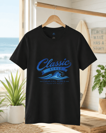 Black short-sleeve T-shirt with blue “Classic Style” coastal graphic on the chest.