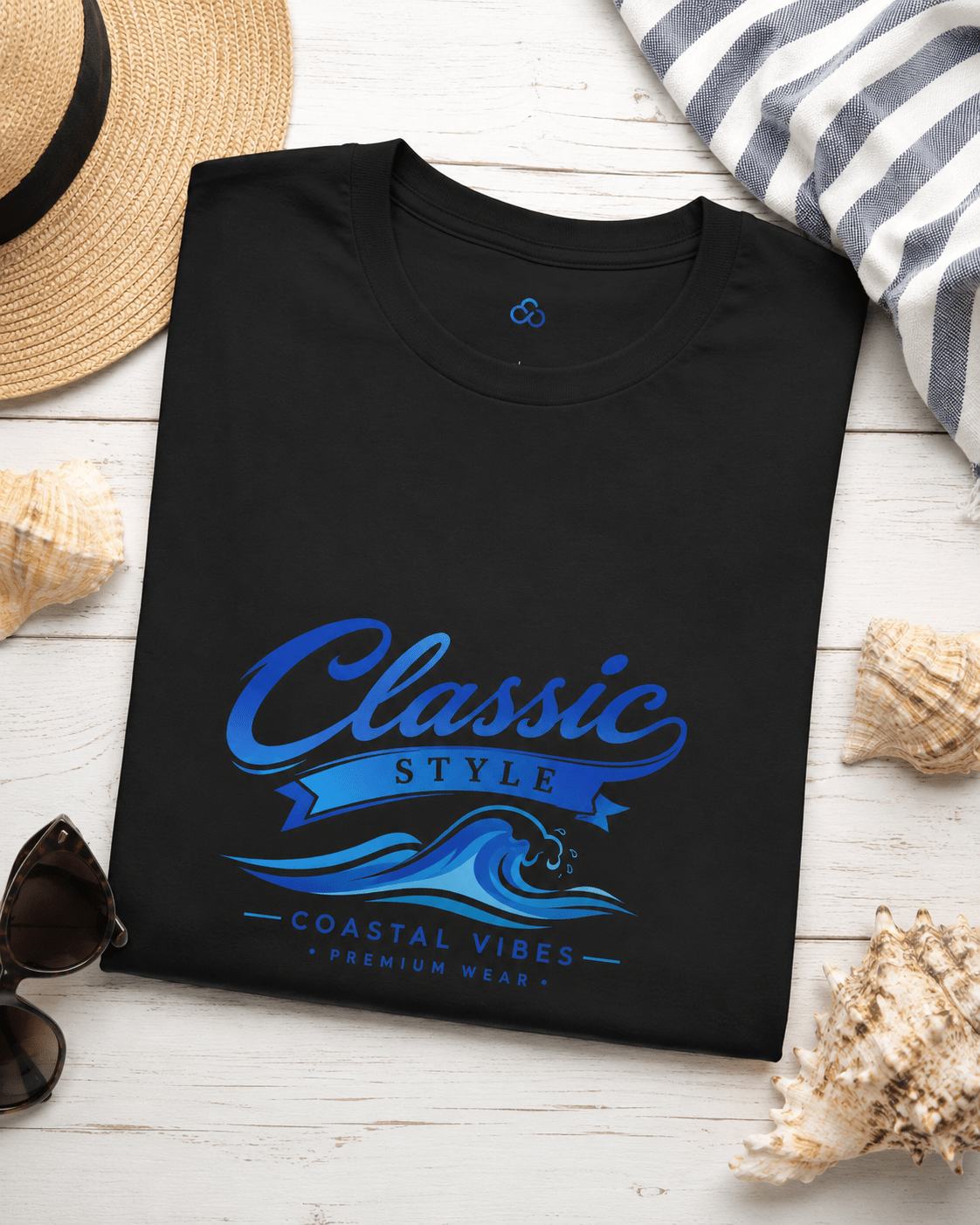 Black crew-neck T-shirt with blue “Classic Style” coastal vibes graphic, flat lay