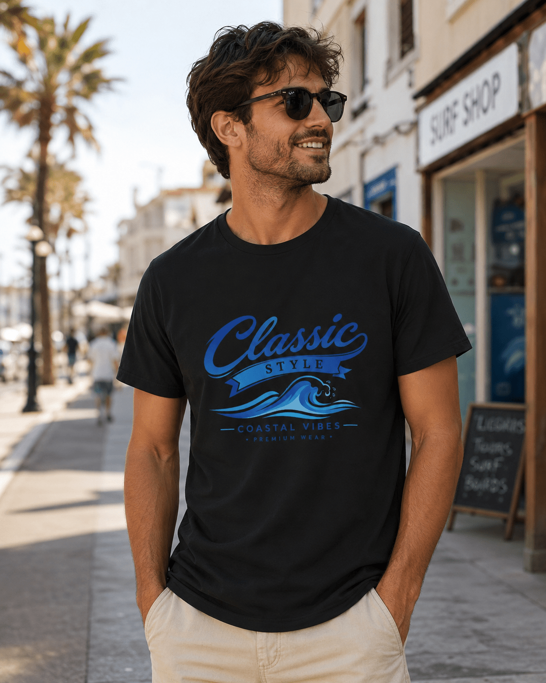 Man wearing a black short-sleeve T-shirt with blue “Classic Style” coastal chest graphic.