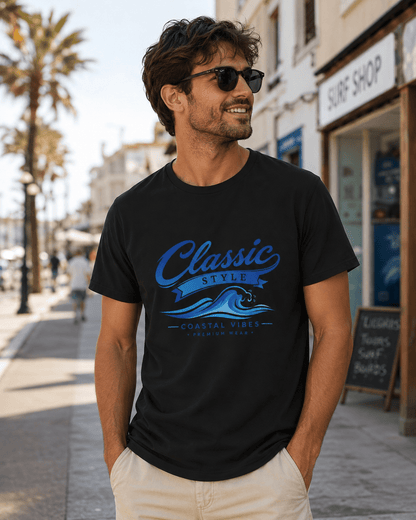 Man wearing a black short-sleeve T-shirt with blue “Classic Style” coastal chest graphic.