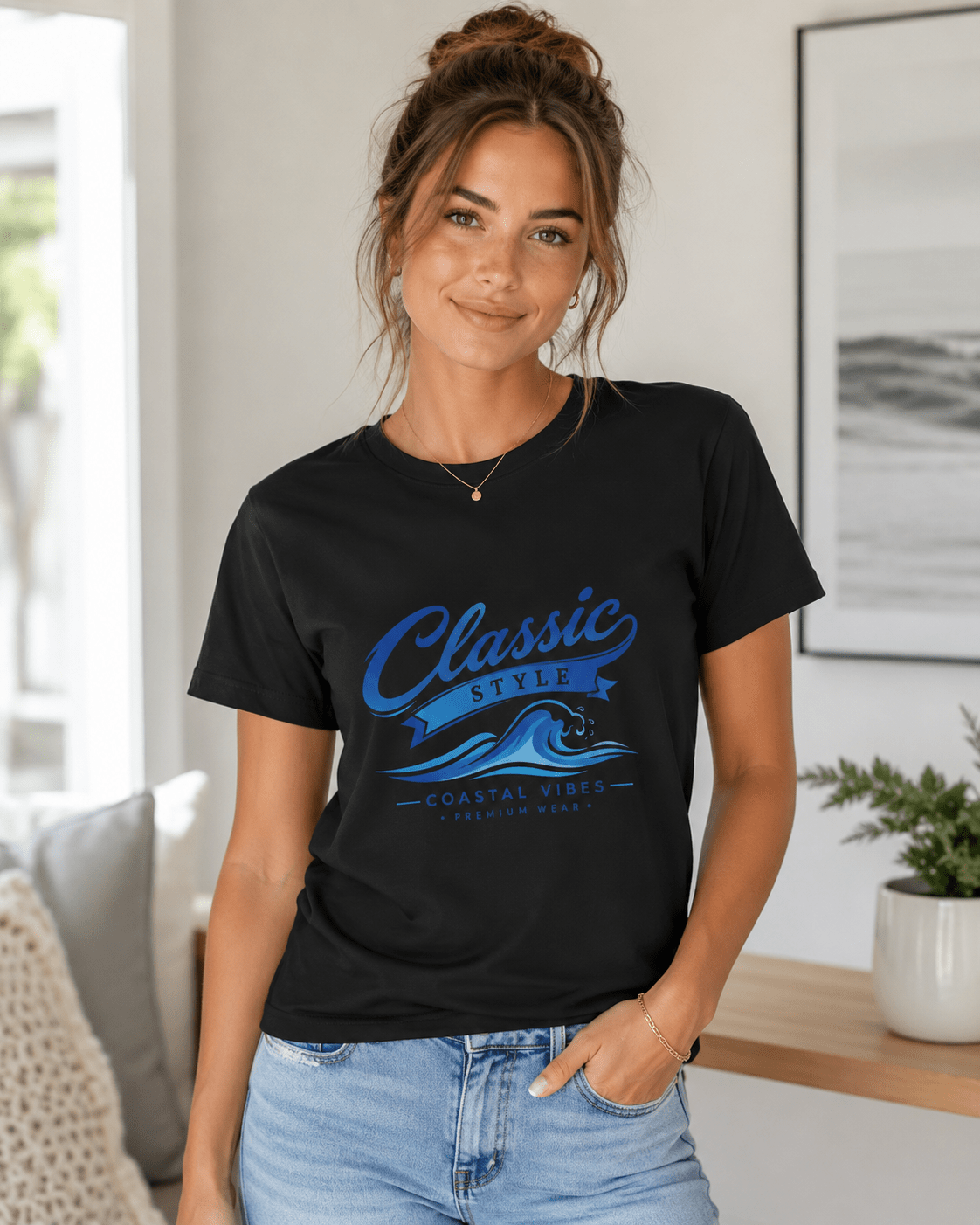 Black crew-neck T-shirt with blue “Classic Style” coastal graphic print