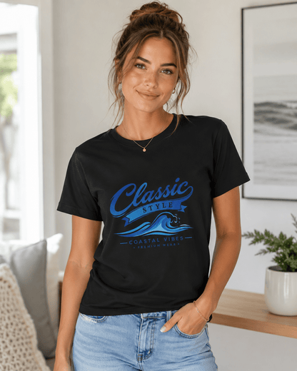 Black crew-neck T-shirt with blue “Classic Style” coastal graphic print
