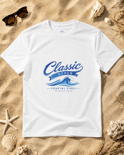 White short-sleeve T-shirt with blue “Classic Style” coastal graphic on the chest.
