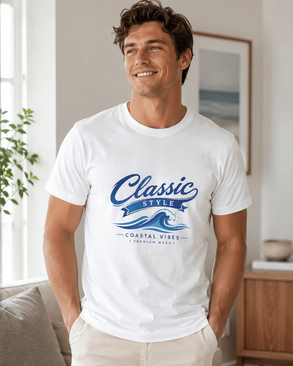 Man wearing a white short-sleeve T-shirt with blue “Classic Style” coastal chest graphic.