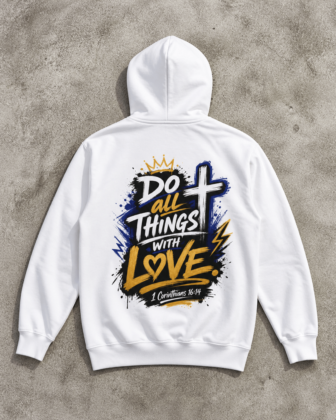 White hoodie back view with graphic crown, cross, and heart print