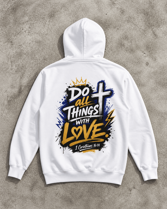 White hoodie back view with graphic crown, cross, and heart print