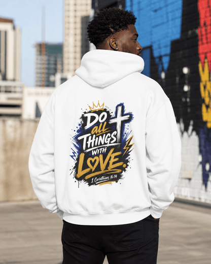 White hoodie with back print featuring crown, cross, and heart on dark splashes