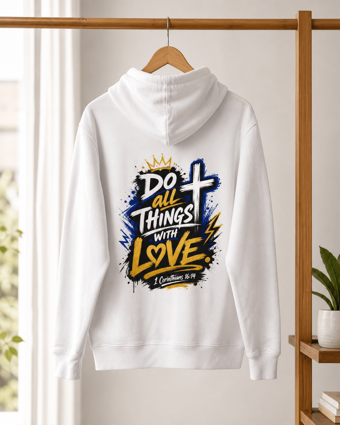 White hoodie with centered back print featuring crown, cross, and heart