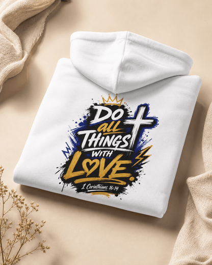 White hoodie laid flat with back print featuring crown, cross, and heart