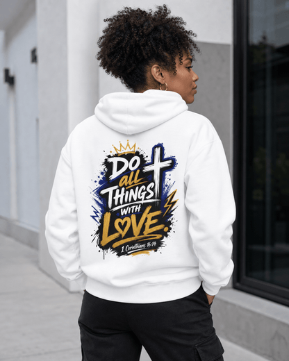 White hoodie with centered back graphic: crown, cross, and heart