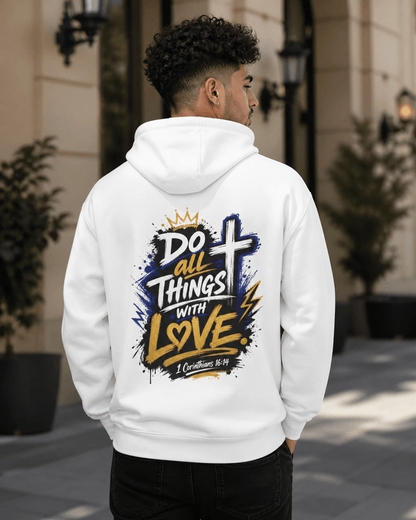 White hoodie with back print featuring crown, cross, and heart