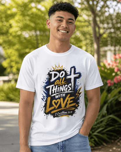 White T-shirt on man outdoors with 'Do all things with love' crown cross print
