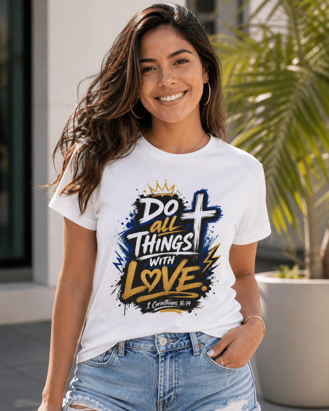 White T-shirt on model with 'Do all things with love' crown cross and heart print