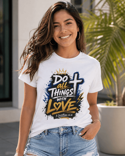 White T-shirt on model with 'Do all things with love' crown cross and heart print