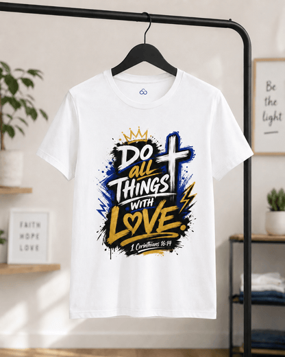 White T-shirt hanging with 'Do all things with love' crown cross graphic