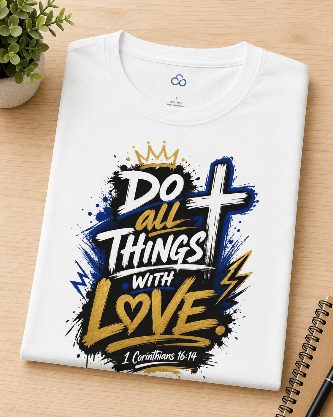 Folded white T-shirt with 'Do all things with love' crown cross and lightning print