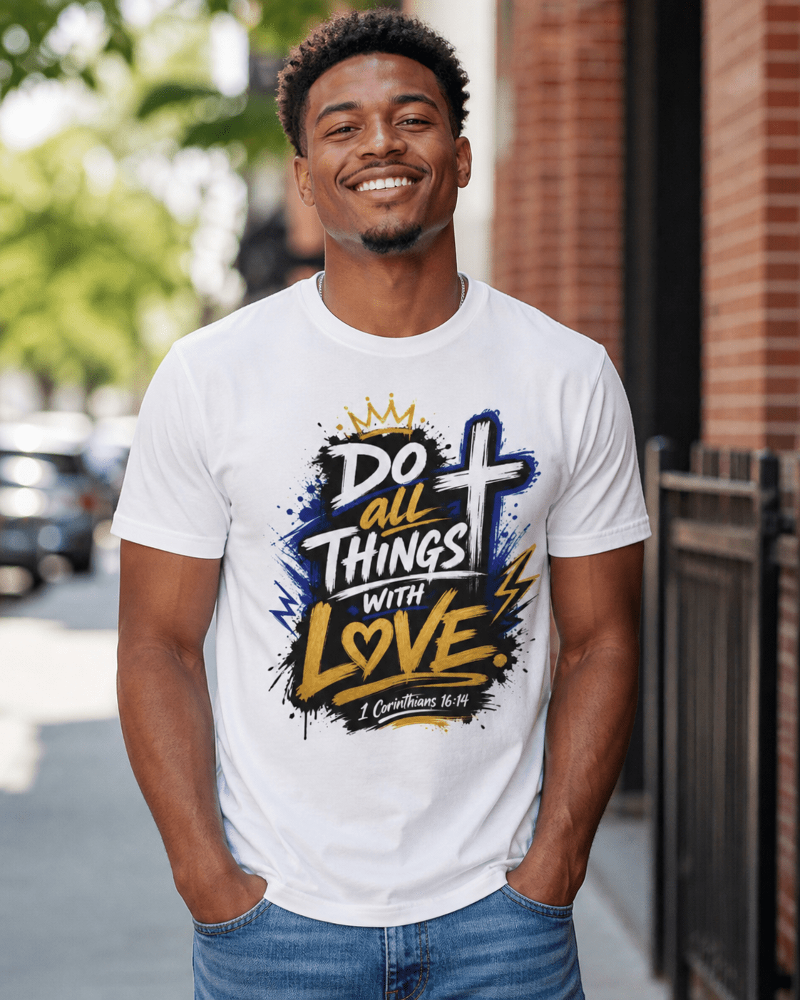 White T-shirt on man featuring 'Do all things with love' crown cross graphic