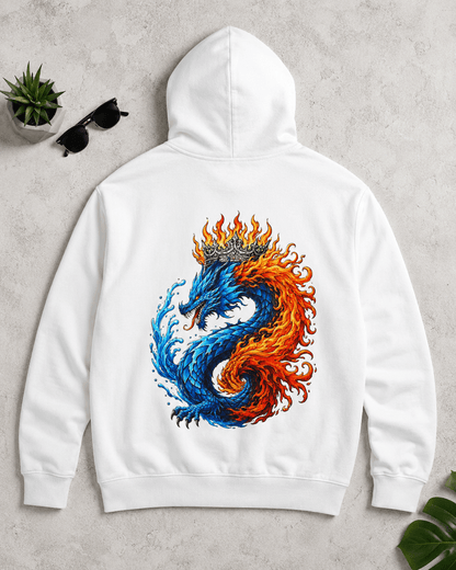 White dragon hoodie with flame and blue-orange dragon graphic on the back