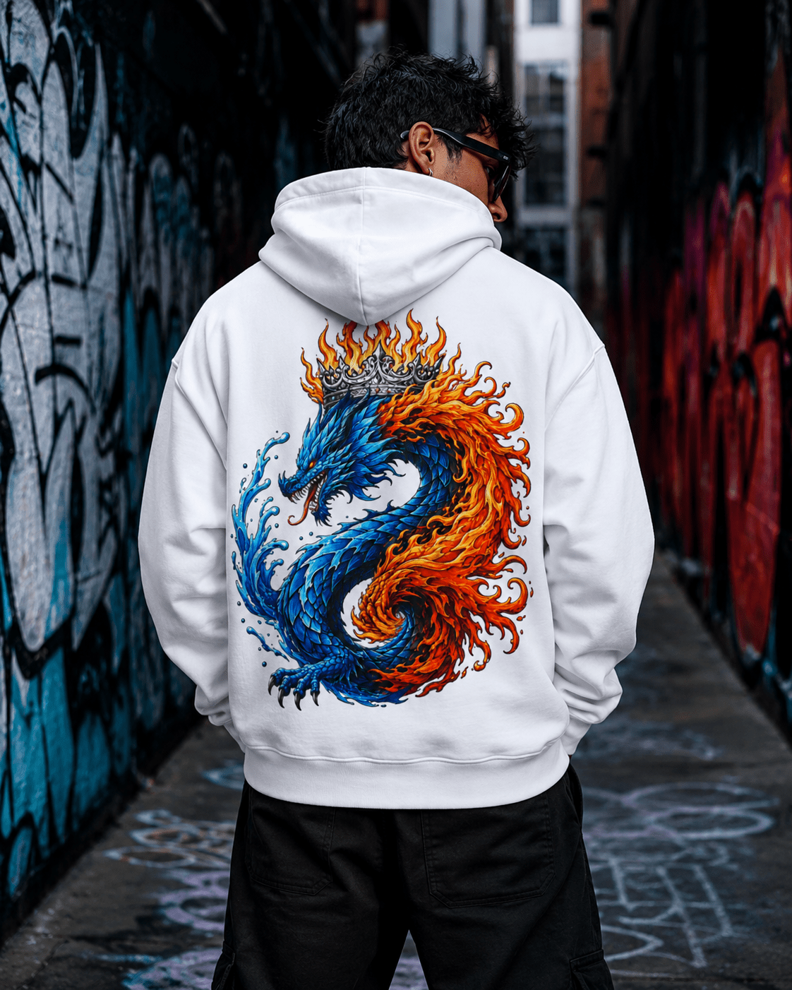 White dragon hoodie with hood and blue-orange flame dragon print on the back