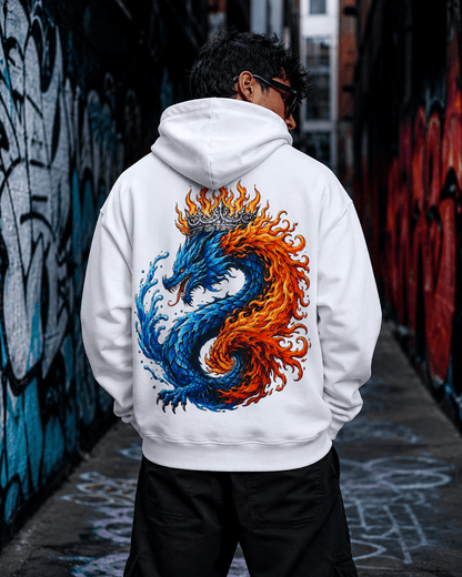 White dragon hoodie with hood and blue-orange flame dragon print on the back