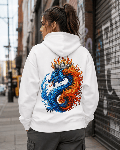 White hoodie with dragon flame graphic on the back, worn by a person