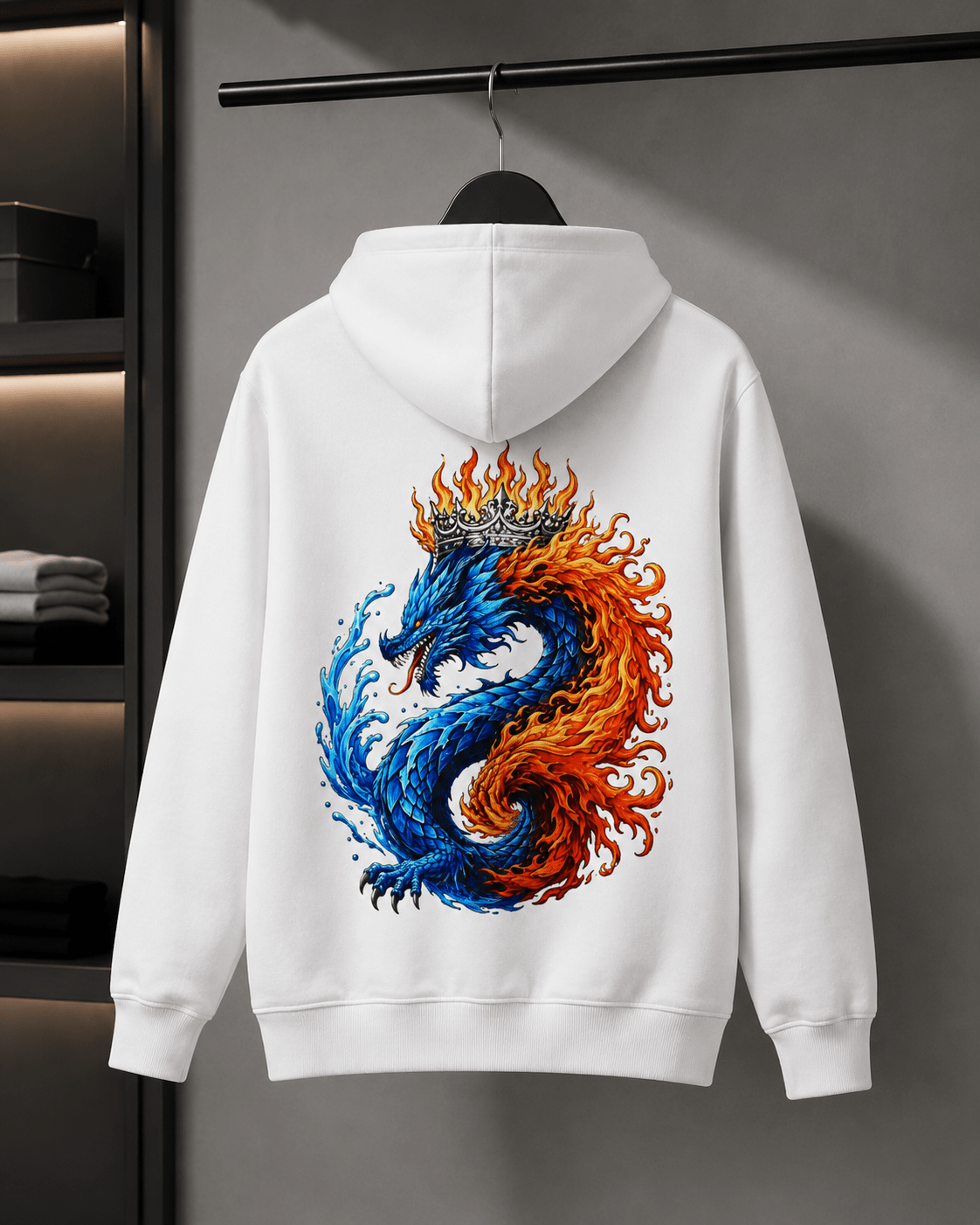 White pullover hoodie with hood and dragon flame graphic on the back