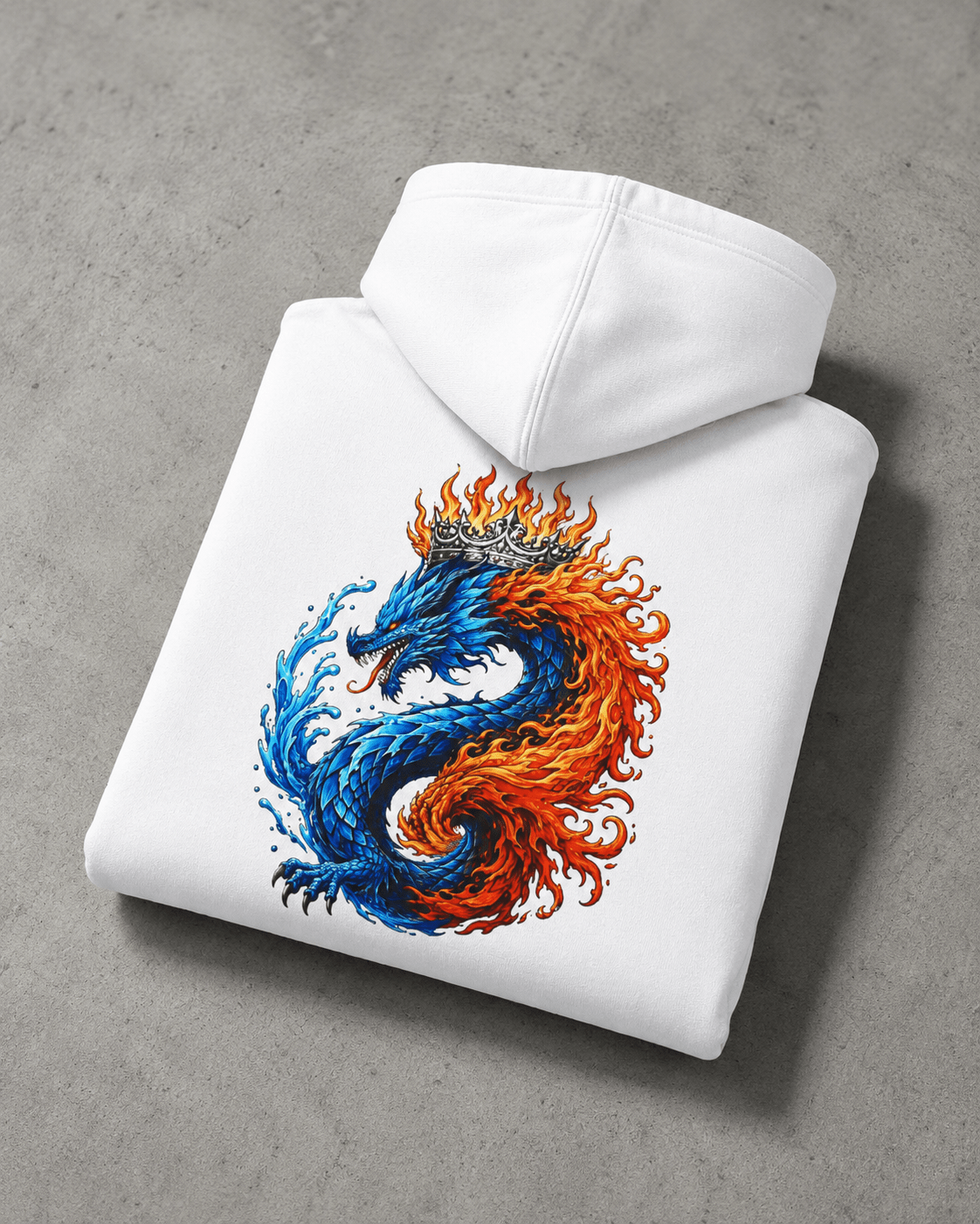 Folded white dragon hoodie with back flame dragon graphic