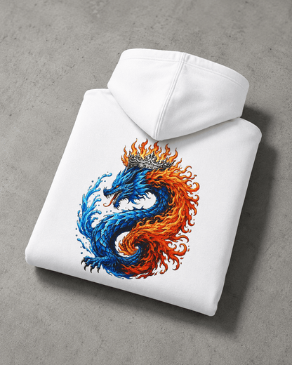 Folded white dragon hoodie with back flame dragon graphic