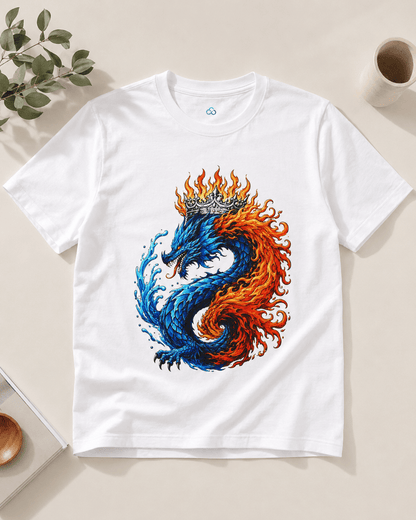 White crew-neck T-shirt with colorful flaming dragon graphic on the front