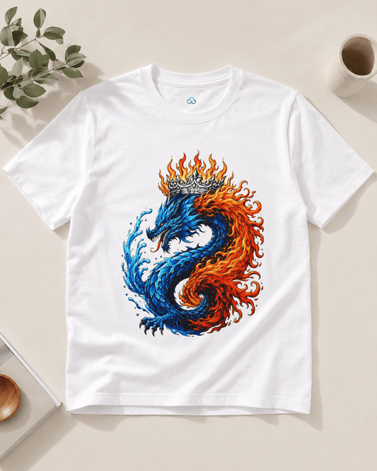 White crew-neck T-shirt with colorful flaming dragon graphic on the front