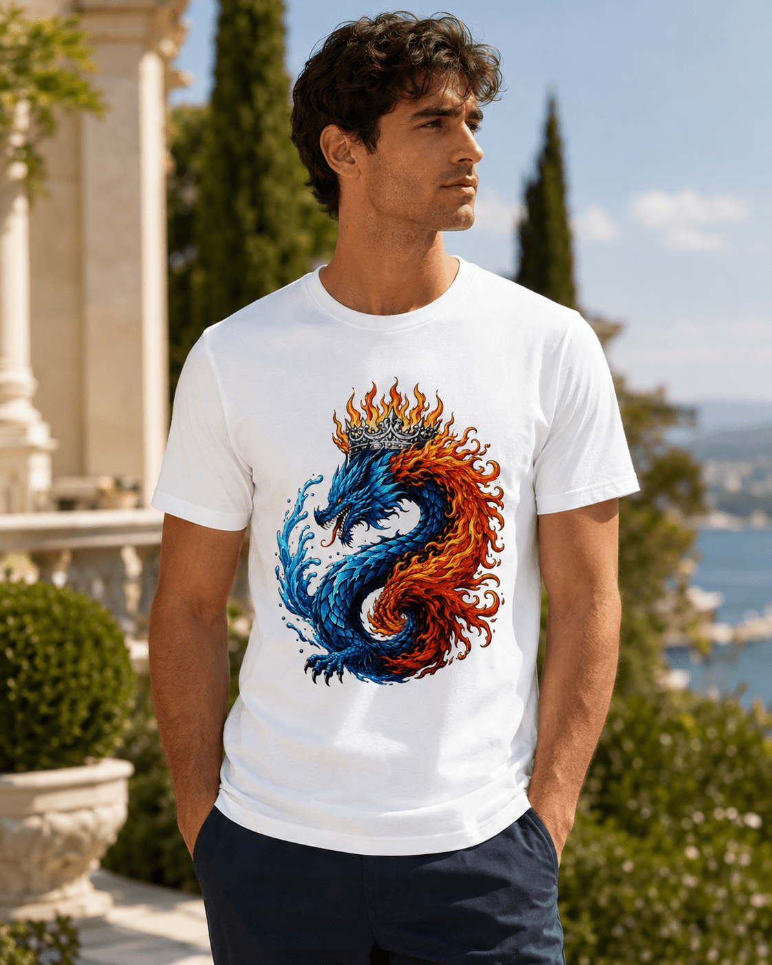 White crew-neck T-shirt with flaming blue-and-orange dragon front print