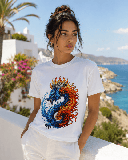 White crew-neck T-shirt with flaming blue-and-orange dragon graphic on the torso