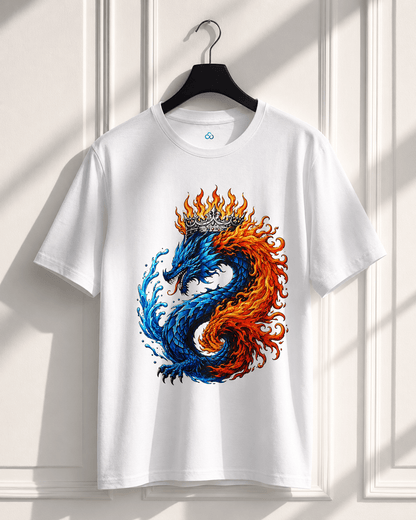 White crew-neck T-shirt on hanger, flaming blue-and-orange dragon chest print