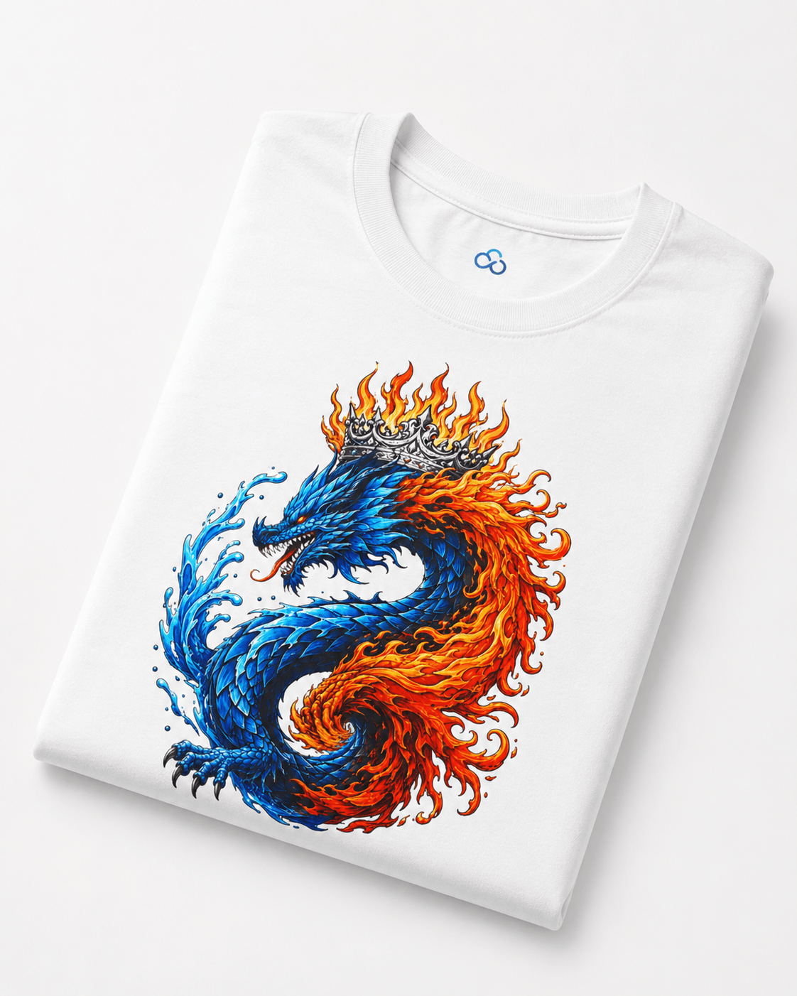 White crew-neck T-shirt folded, showing flaming blue-and-orange dragon graphic