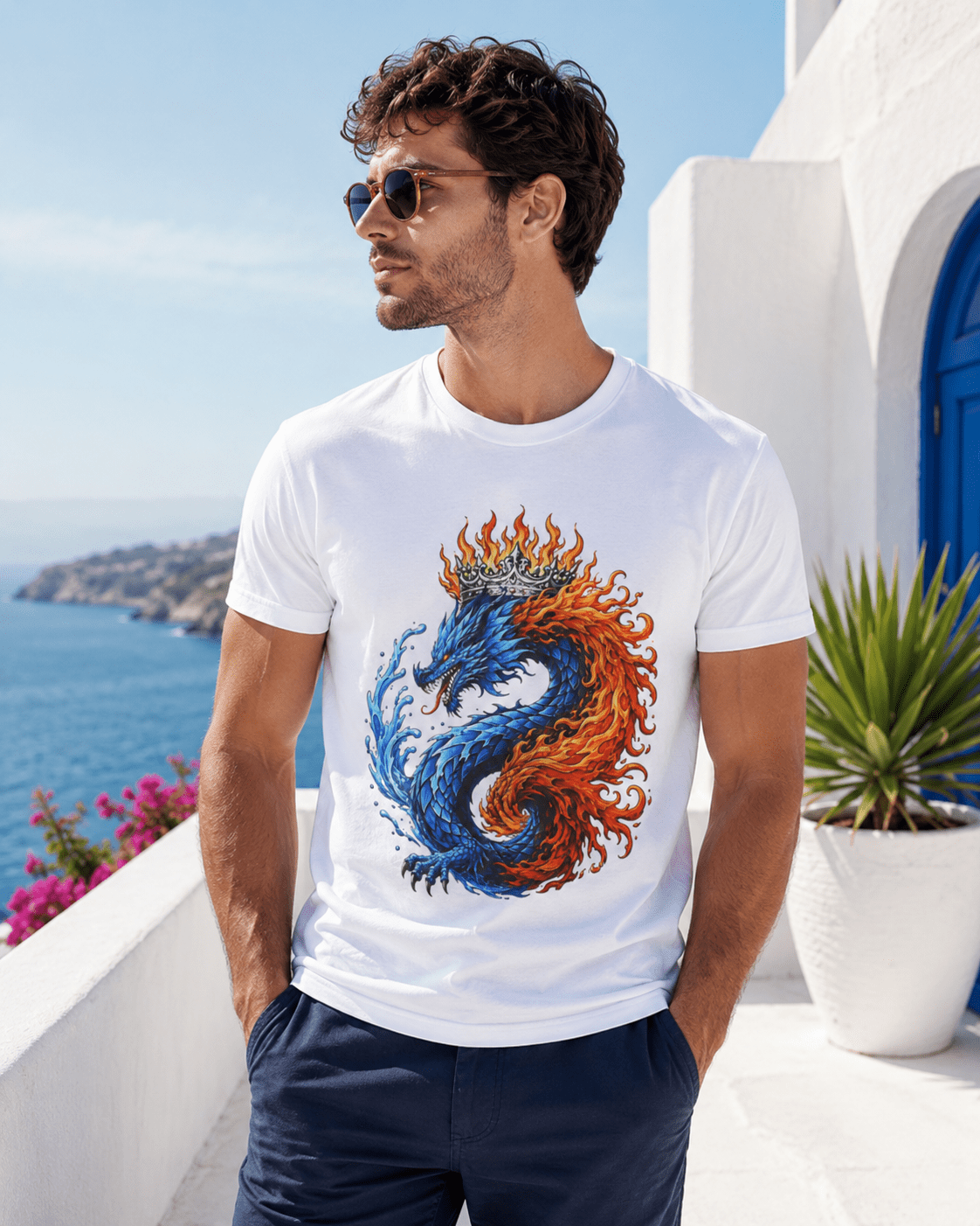 White crew-neck T-shirt worn by model, flaming blue-and-orange dragon front print