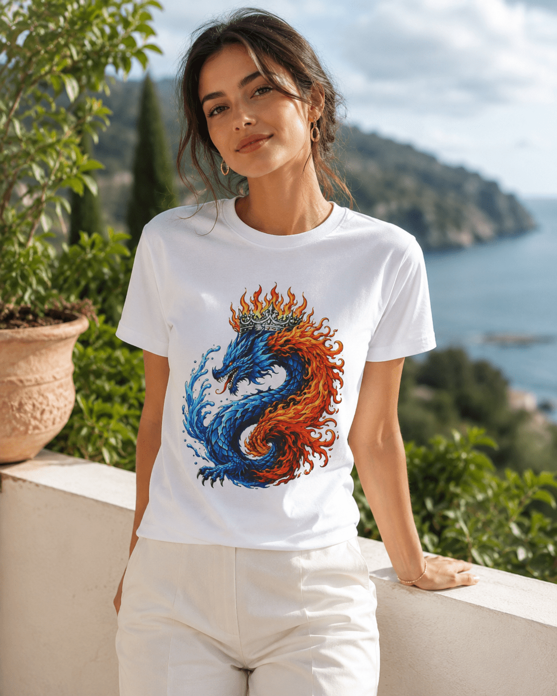 White crew-neck T-shirt worn by model, flaming blue-and-orange dragon graphic
