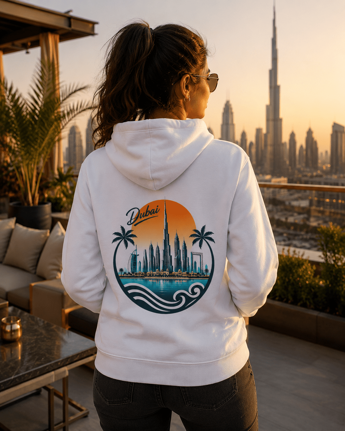 A woman viewed from behind wearing a white hoodie with a large graphic print on the back featuring the word 'Dubai', palm trees, the Burj Khalifa skyline, and waves. She is standing on a balcony with a sunset view of Dubai's skyline in the background.
