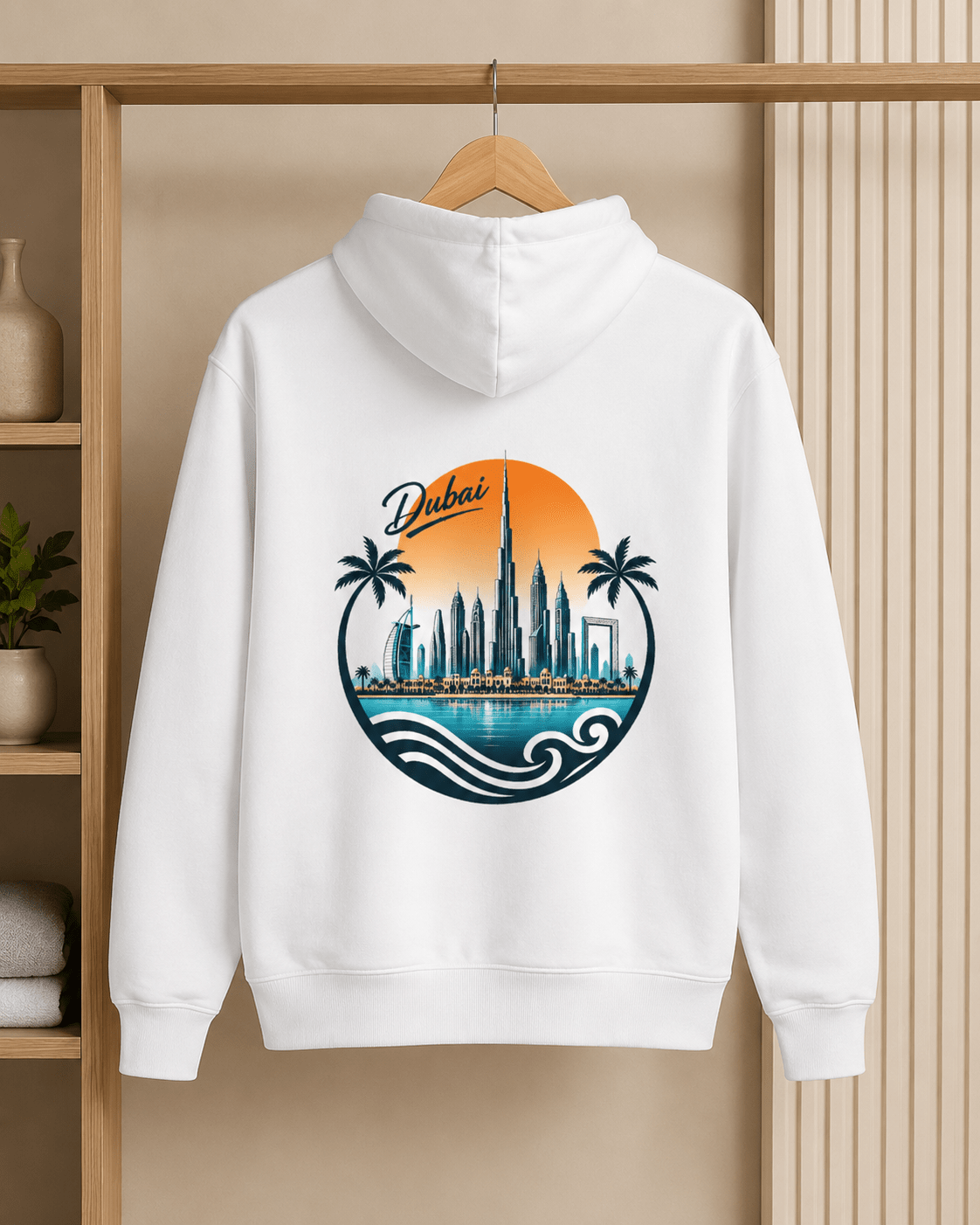 A white pullover hoodie hanging on a wooden hanger against a beige wall with wooden shelving. The back of the hoodie features a large circular graphic print of the Dubai skyline, including the Burj Khalifa, with palm trees, blue waves, and an orange sunset background.