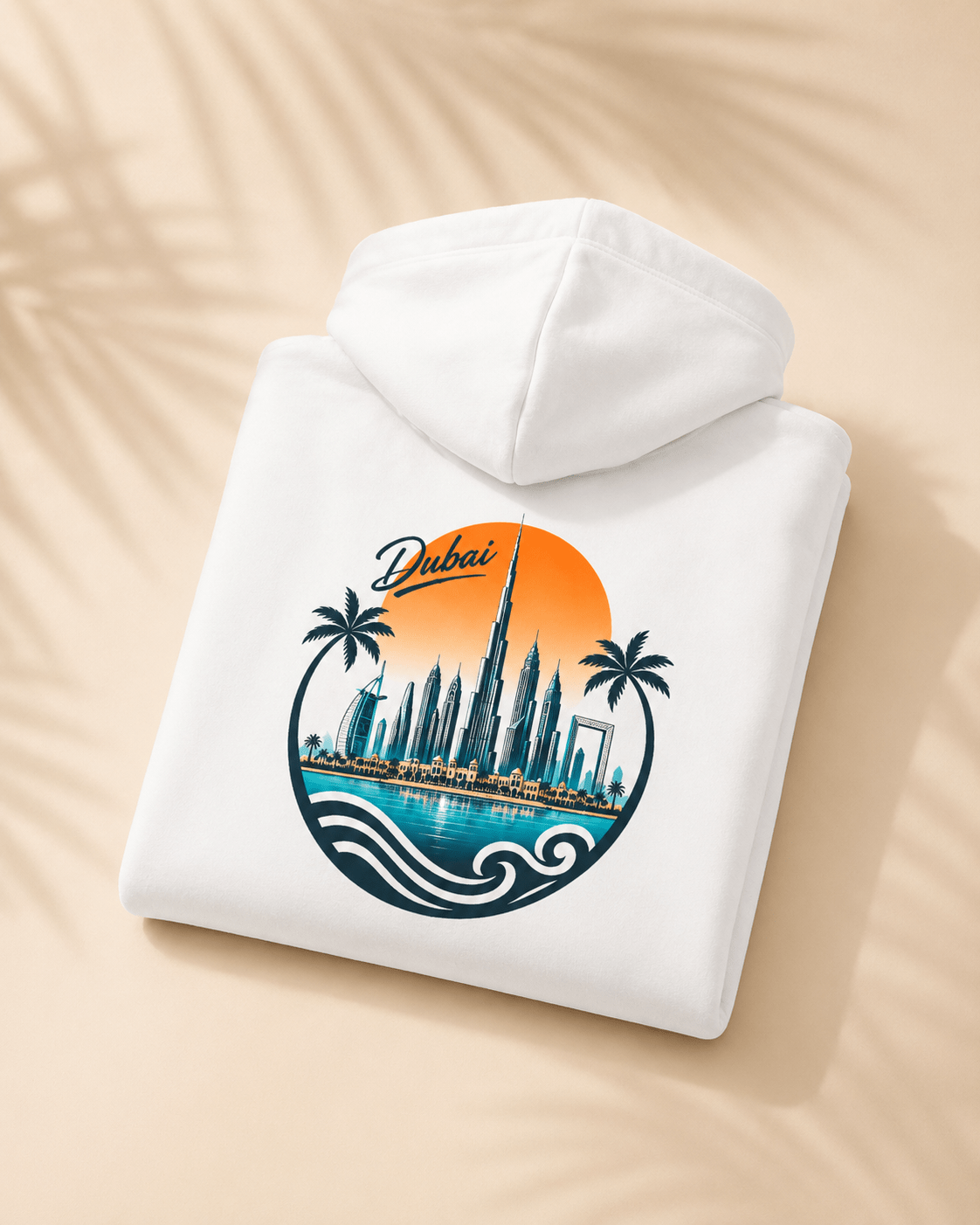 A folded white hoodie on a warm beige background with soft palm leaf shadows. The front features a large circular graphic of the Dubai skyline, including the Burj Khalifa and Burj Al Arab, with palm trees, turquoise water, and an orange sun, with the word 'Dubai' written above.