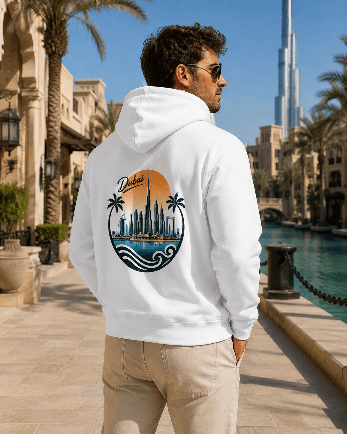 A man wearing a white hoodie with a large Dubai cityscape graphic on the back, standing outdoors near a canal with palm trees and the Burj Khalifa in the background.
