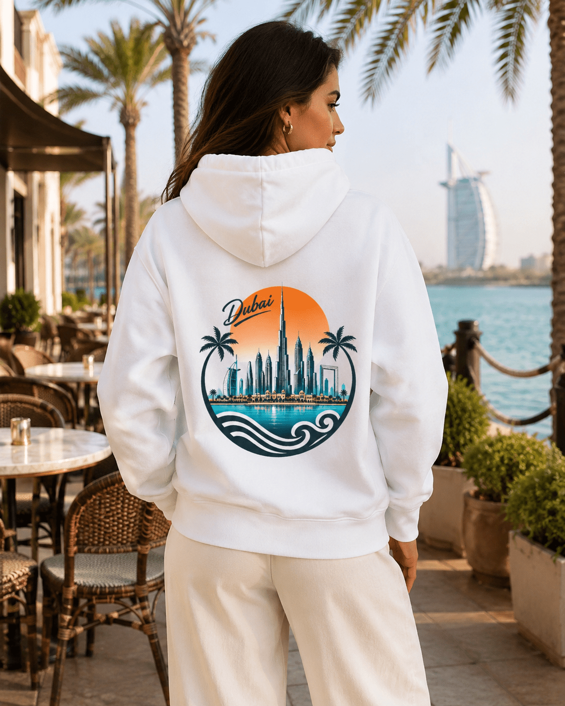 A woman viewed from behind wearing a white hoodie with a large circular Dubai cityscape graphic on the back, featuring palm trees, Burj Khalifa, waves, and an orange sun, set against an outdoor waterfront patio background.