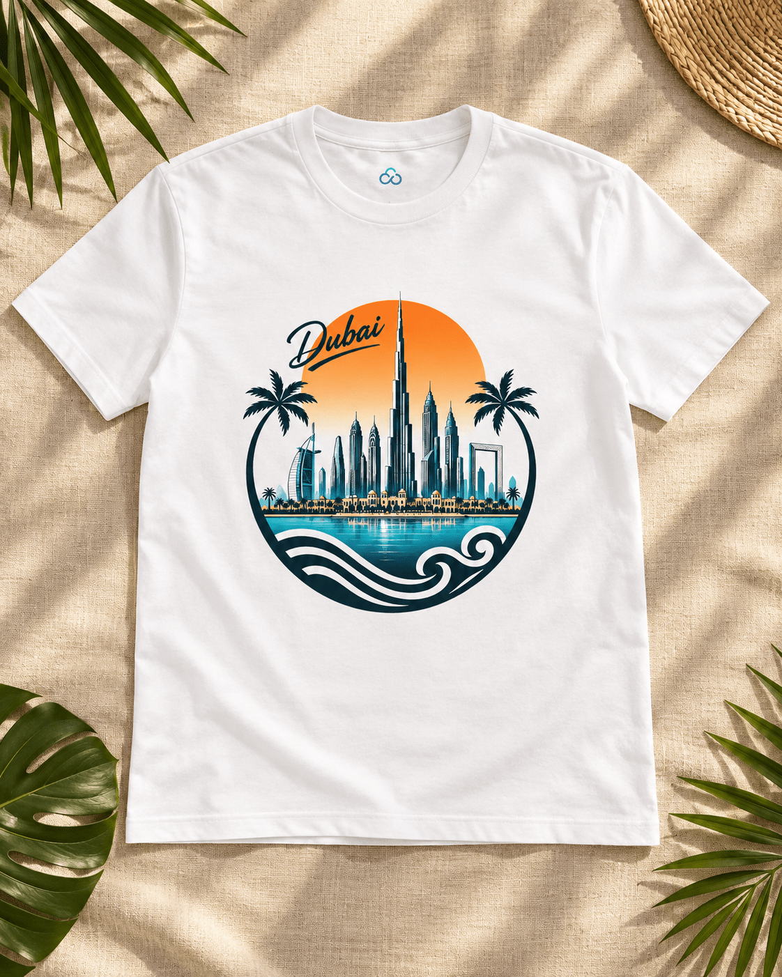 White crewneck T-shirt with Dubai skyline logo front graphic