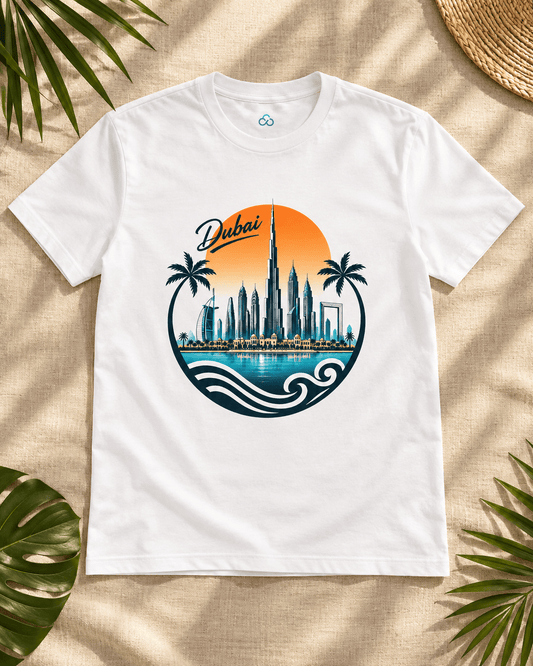 White crewneck T-shirt with Dubai skyline logo front graphic
