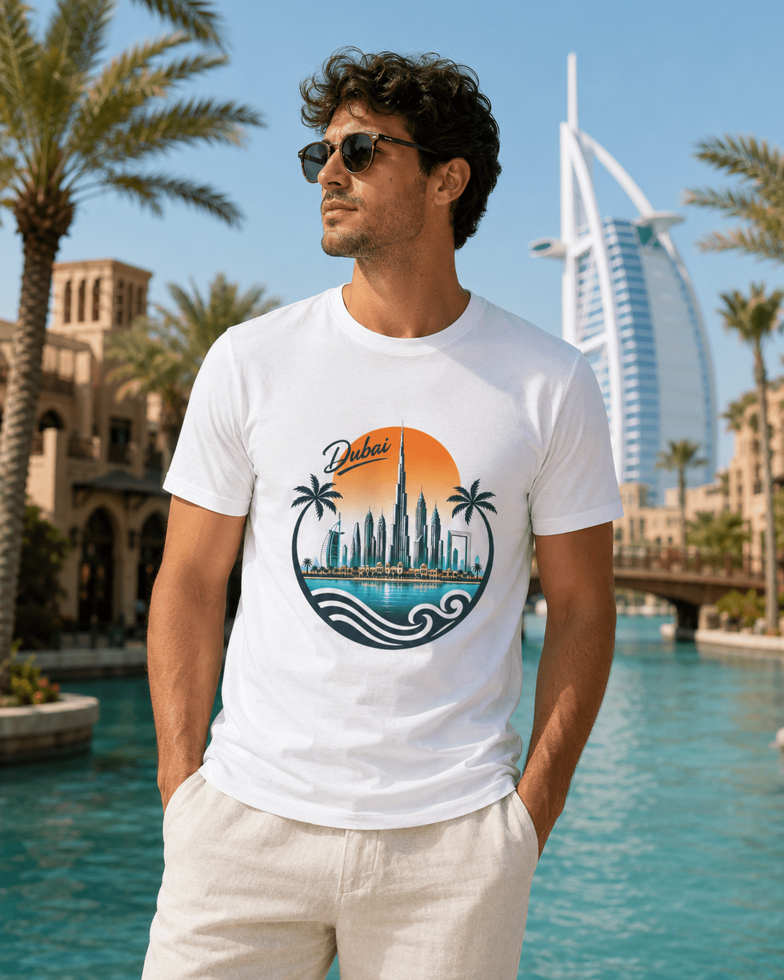 White crewneck T-shirt on model in side view, Dubai skyline front graphic